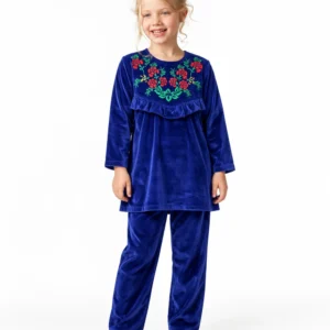 VELVET CORDUROY FLORAL EMB. SUITE| BLUE/MAROON/BLACK