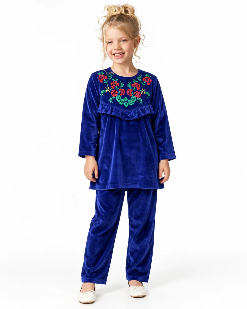 VELVET CORDUROY FLORAL EMB. SUITE| BLUE/MAROON/BLACK