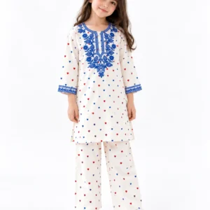 Embroidered Heart Winter Kurta Set | white