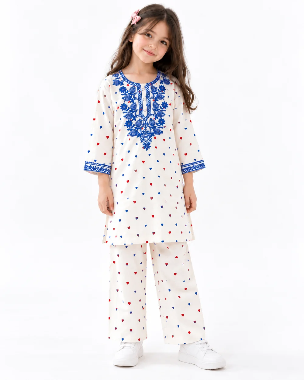 Embroidered Heart Winter Kurta Set | white